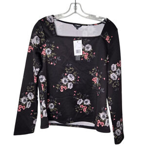 NWT Violets & Roses Womens Med Top Square Neck Floral Long Sleeve Blouse Black